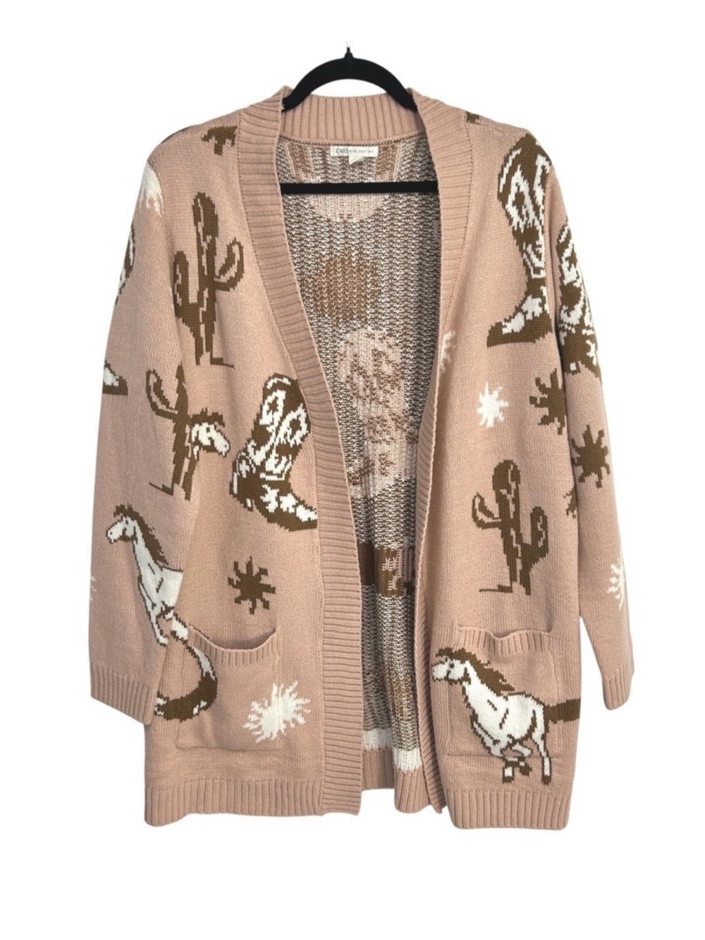Western Cowgirl Horse Cactus Knit Longline Cardigan L Dusty Pink Southwestern